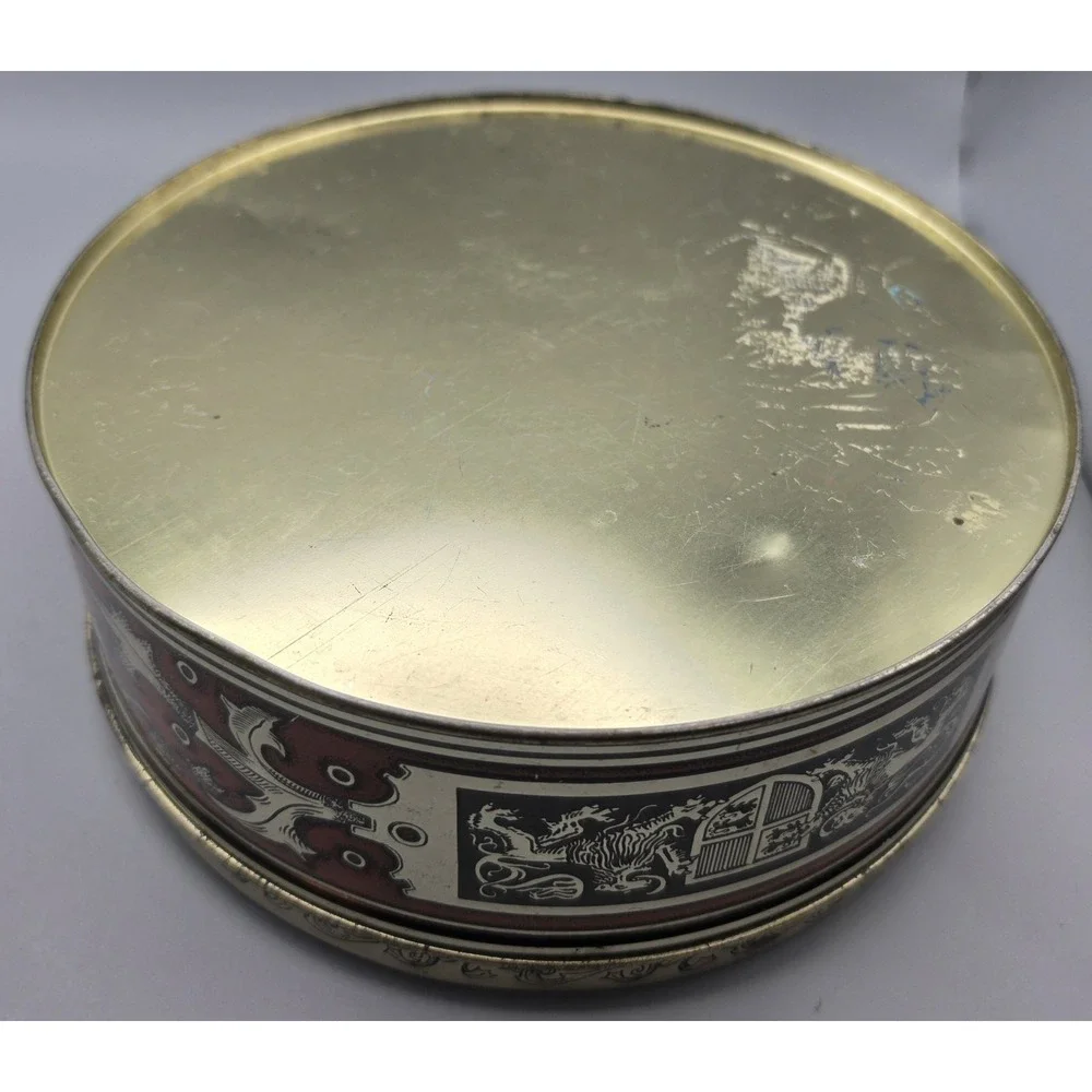 Vintage Round Metal Tin Medieval Knights Horse Procession Decorative 8” Storage